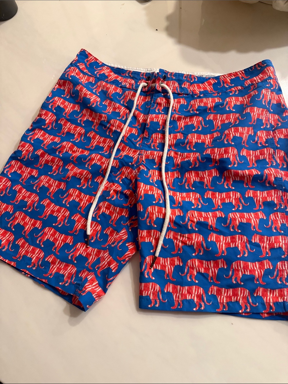 Men's Blue Swim Trunks with Red Tiger Print size 32 with adjustable drawstring